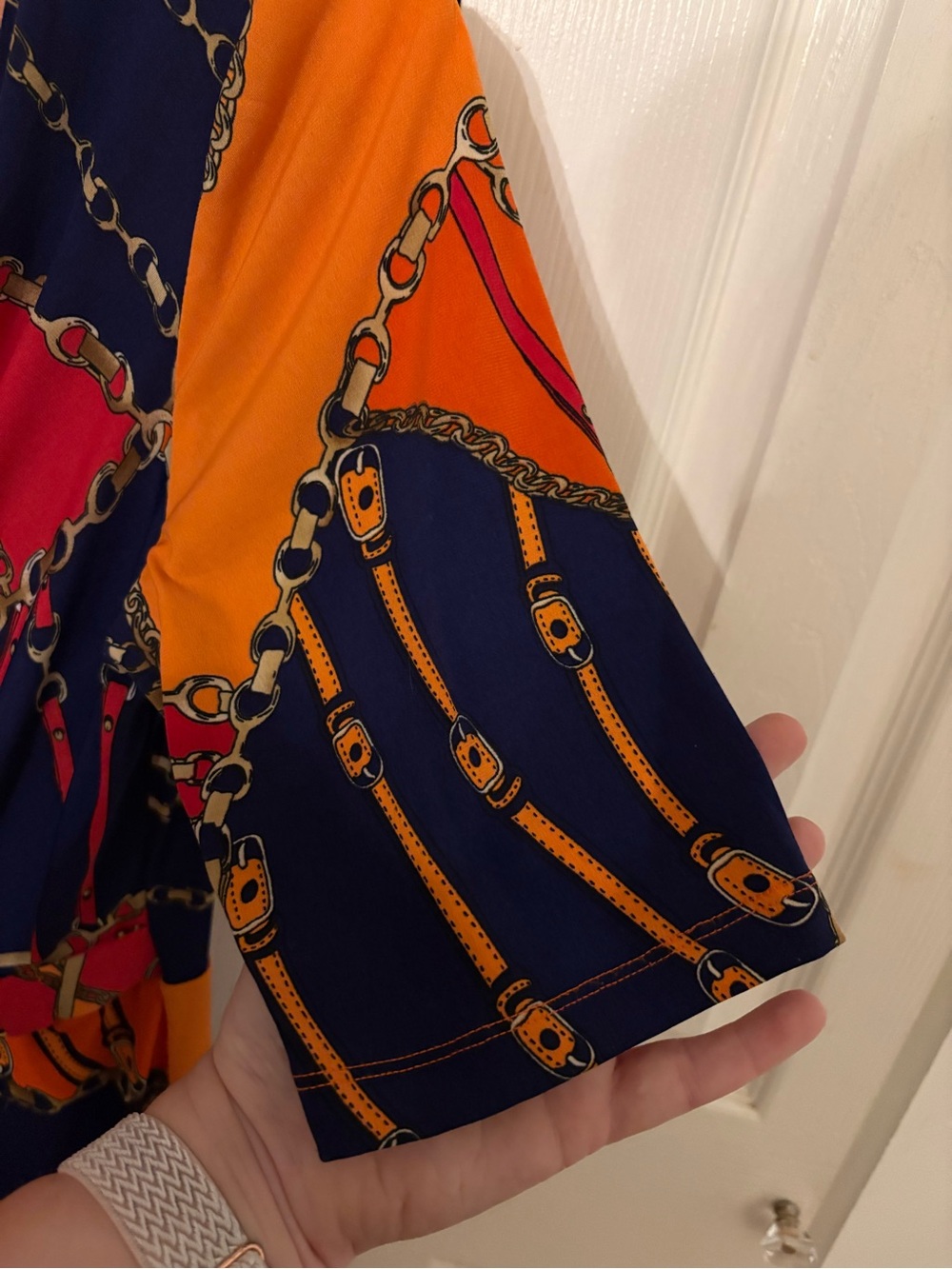Rabbit Rabbit Rabbit Colorblock Chain-Print Wrap Dress in Orange, Navy & Red - Picture 5 of 5